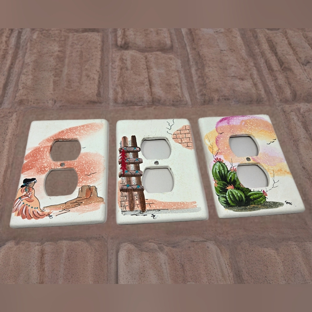 Southwestern Set Of 3 Electric Plug In Plates Ceramic Hand Painted